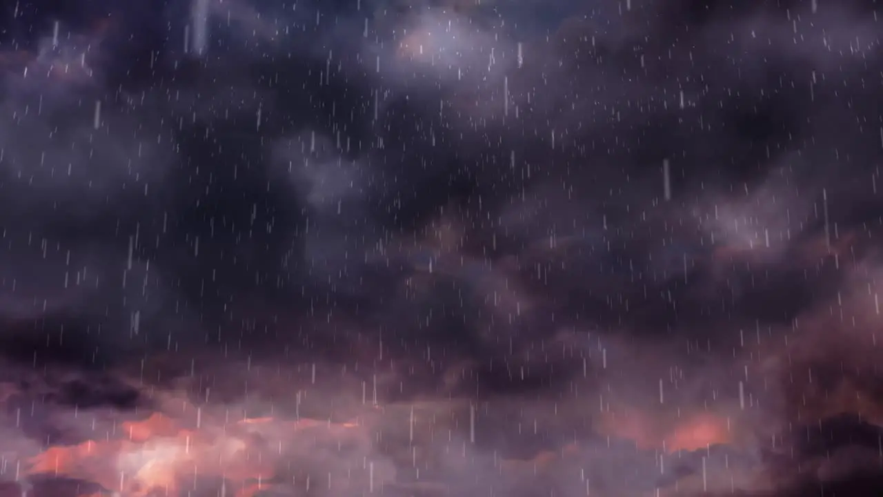 Animation of heavy rain falling over lightning and stormy clouds background