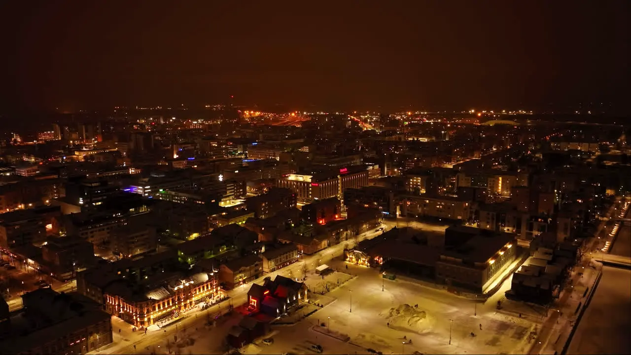 Aerial view of the market hall and city center winter night in Oulu Finland