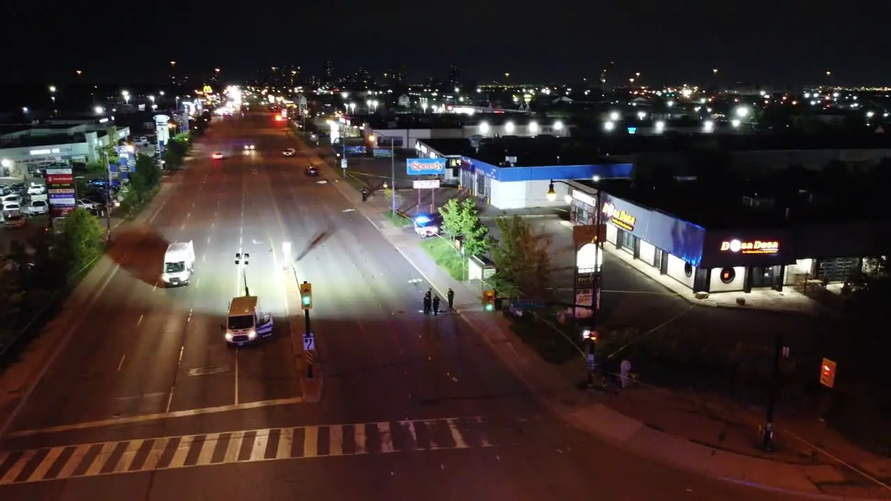 Aerial View Of Closed Streets While Police Conducting An Investigation Of Fatal Accident In the City Of Brampton Ontario Canada