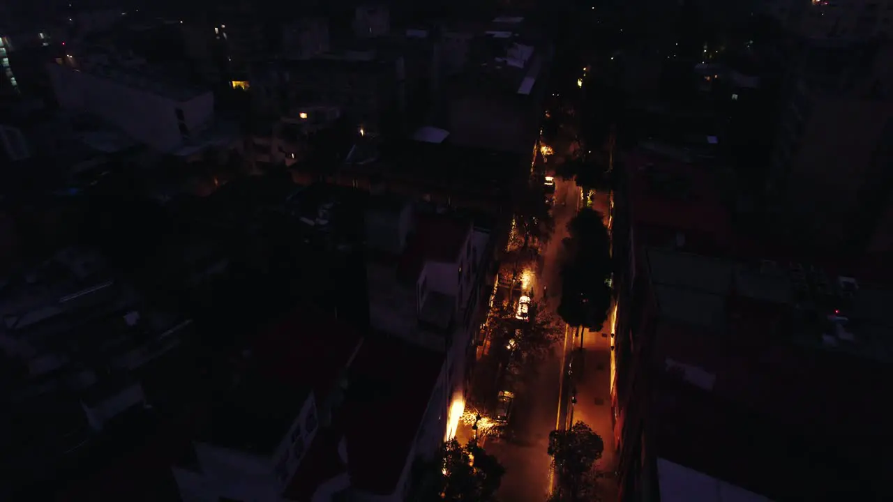 Aerial Drone Fly Above Night Streets of Santiago Chile Lastarria Residential Neighborhood in Cloudy Evening