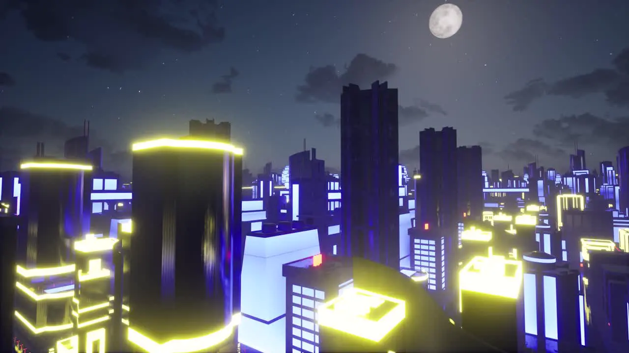 Sci-fi city with bright colorful neon lights at night time with large moon and glowing stars 3D animation camera above panoramic view