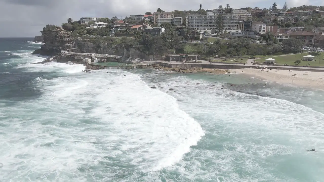 Scenery Of White Splashing Waves At Bronte Beach With Bronte Pool Baths In Eastern Suburbs Sydney New South Wales Australia