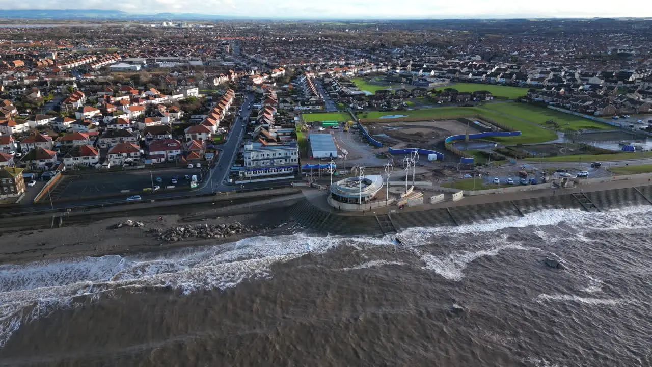 Slow motion waves at Cleveleys in winter drone approach to coastline