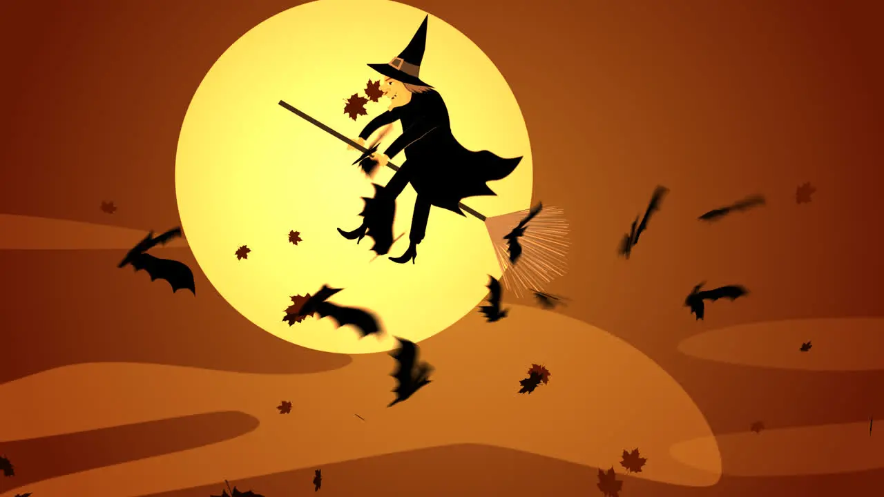 A scary cloudy autumn night full of flying spooky bats Mysterious halloween witch in hat and black clothes is flying on the broomstick against bright full moon