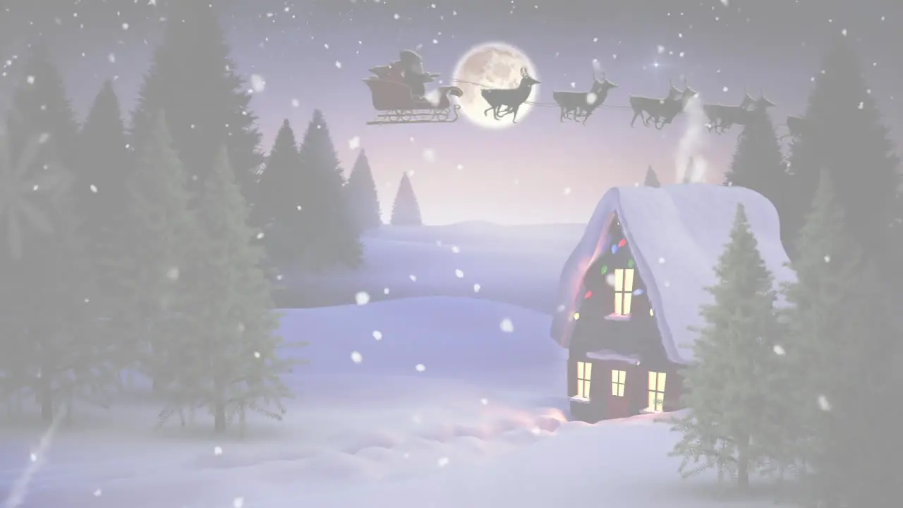 Digital animation of snow falling over house and trees on winter landscape with santa