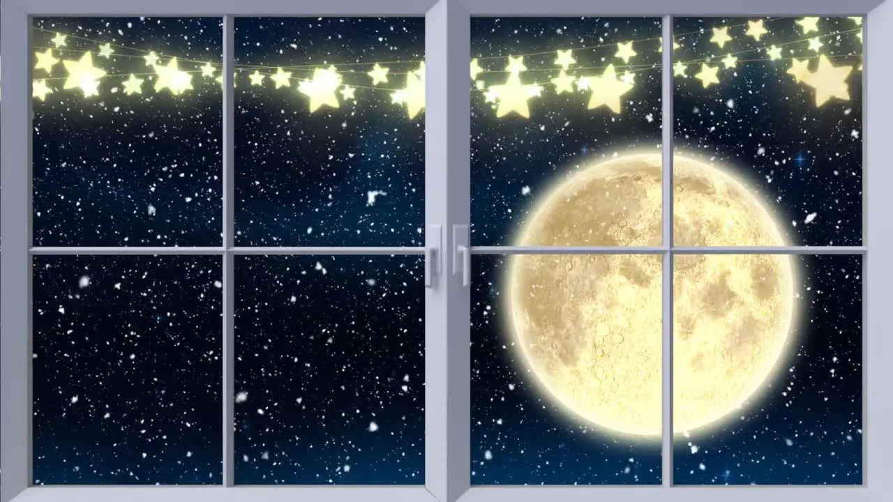 Digital animation of fairy lights on window frame against snow falling against moon in night sky