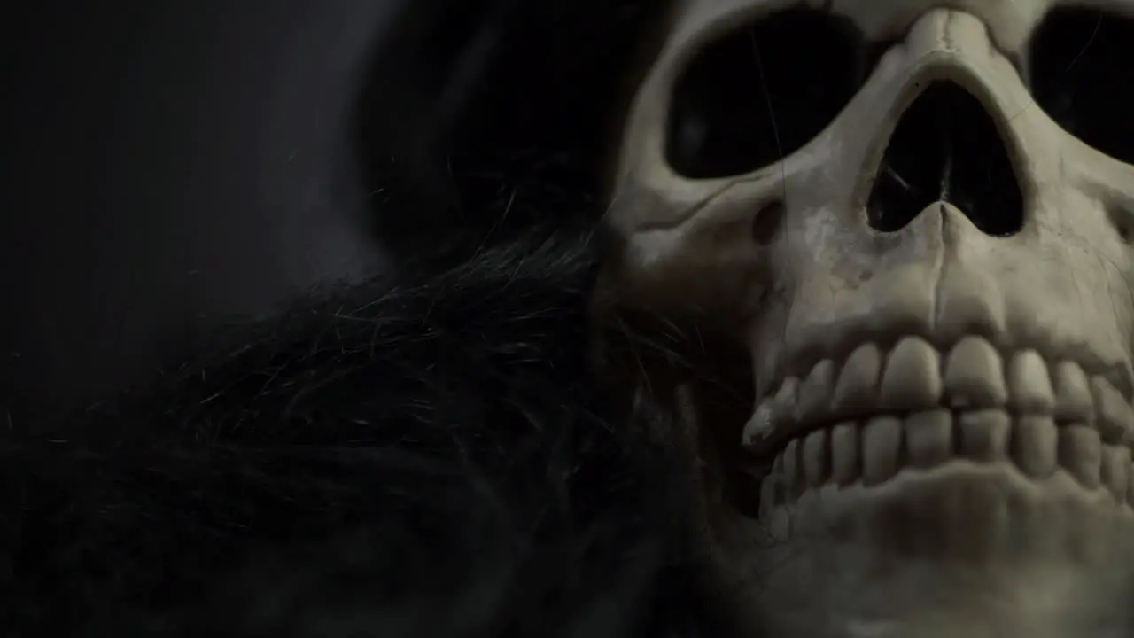 Creepy skull with black hair close up panning shot