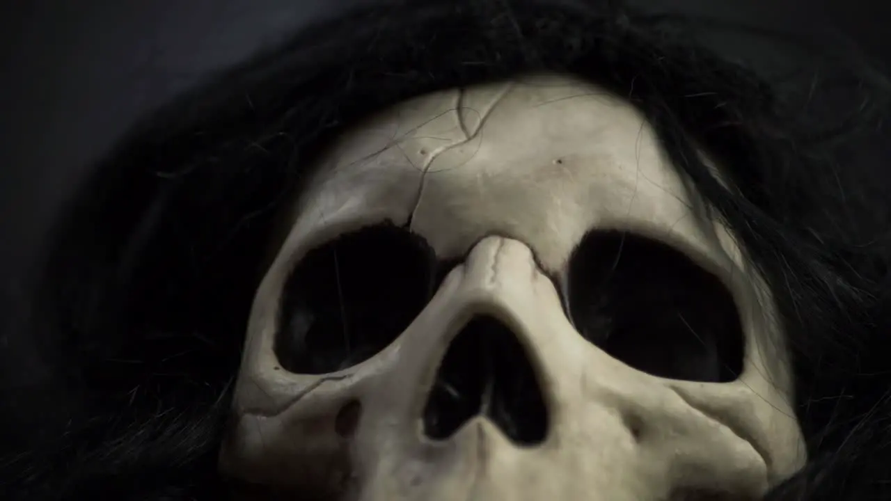 Creepy skull with black hair close up tilting shot