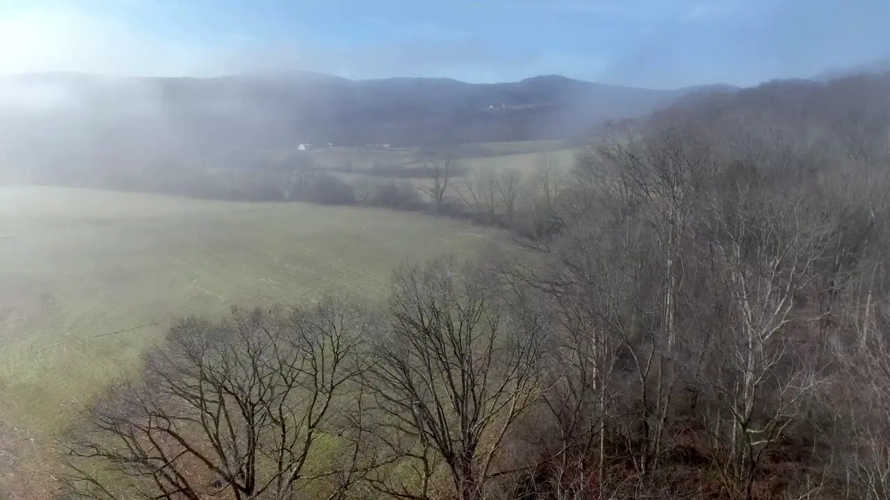 Aerial Farm Filed in winter over treetops Yadkin County NC North Carolina