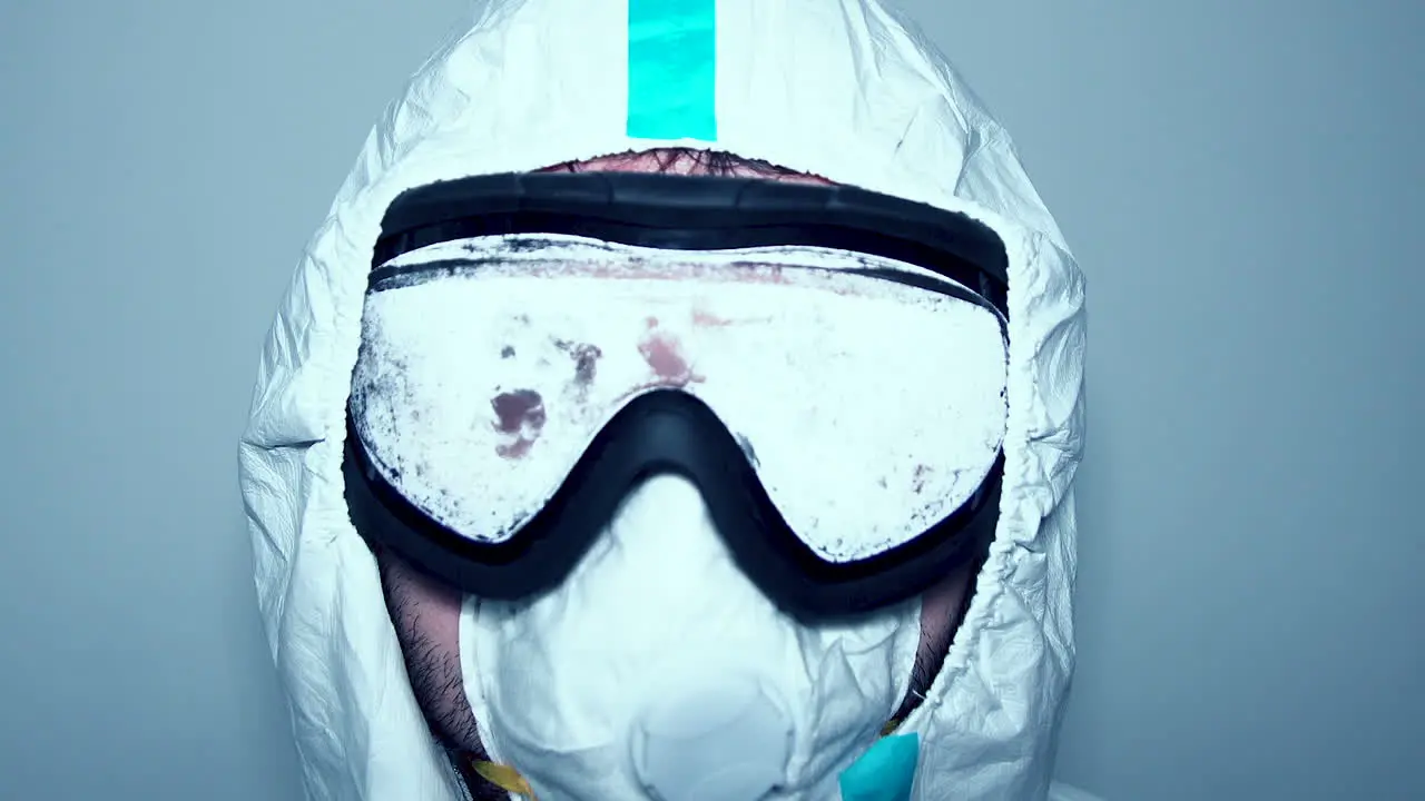 Face of hospital healthcare worker adjusting goggles and face mask in protective gown