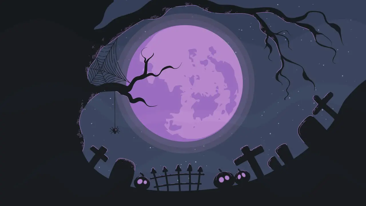 Animation of a dark bluish scary night with full moon spooky tree with spider hanging frightening alive pumpkins and terrifying tombs