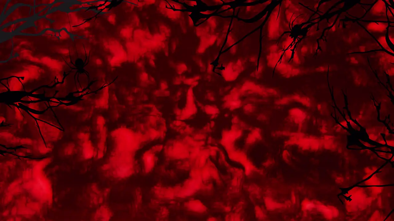 Animation of halloween spider and tree branches on red waving background