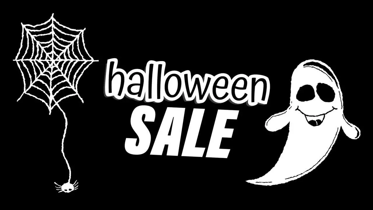 Animation of halloween sale text over spiderweb and ghost on dark background