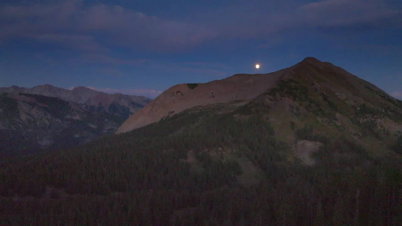 A full moon sits just above a mountain peak in the Colorado Rockies on a beautiful night