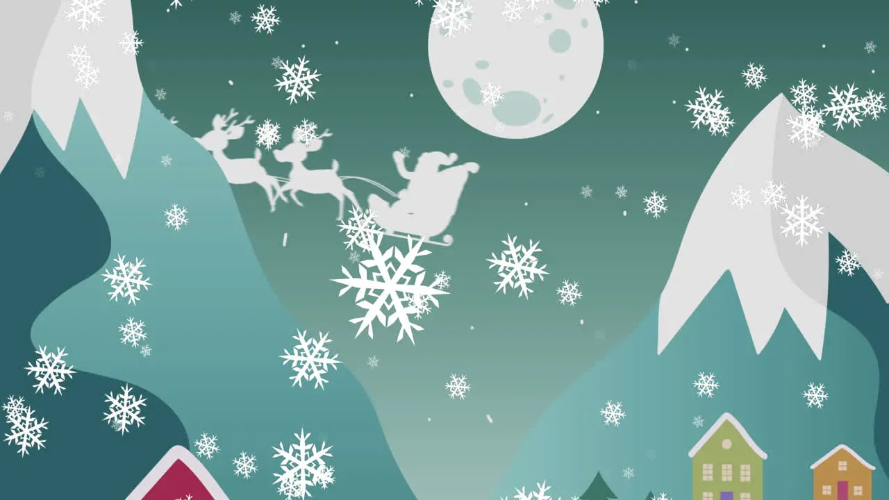 Digital animation of snowflakes falling over santa claus in sleigh being pulled by reindeers