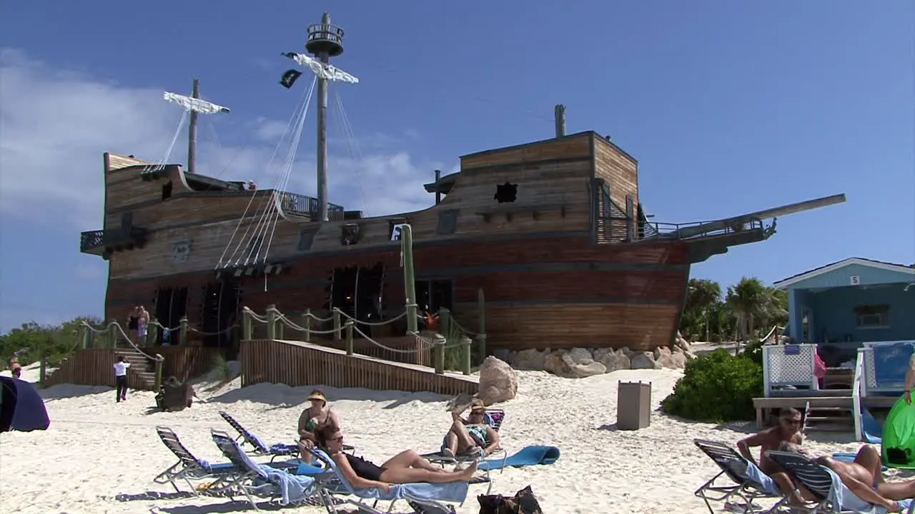 Beach-bar in the shape of a sail ship on the beach of Half Moon Cay Bahamas