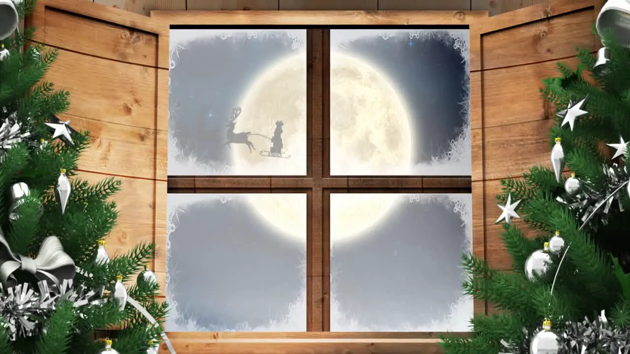 Digital animation of two christmas tree and wooden window frame