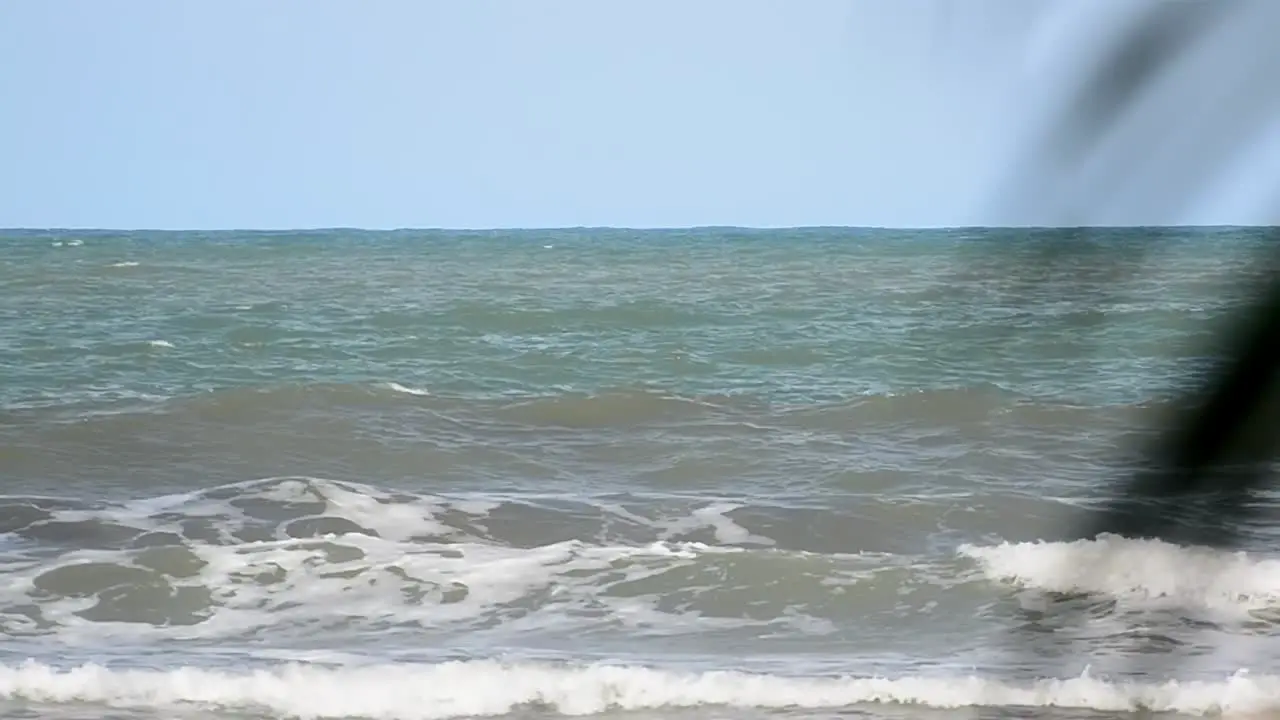 The rough Caribbean sea on a sunny day with waving palm fronds in the bokeh foreground