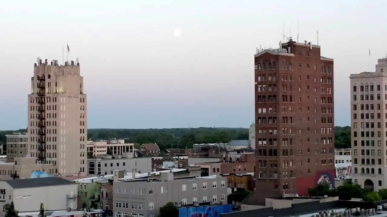 Jackson Michigan downtown skyline with drone video close up moving in