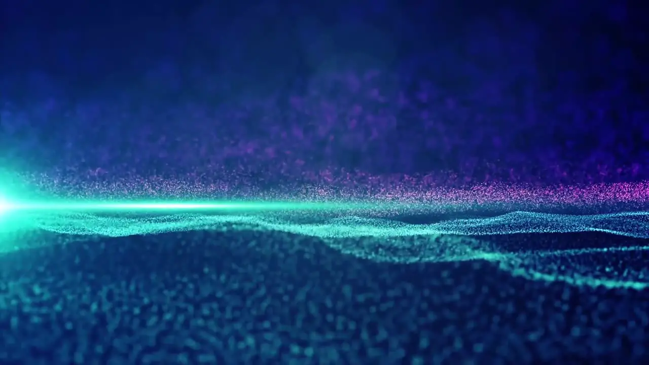 Abstract blue and purple light particle motions forming floating surface while reflecting on dark background