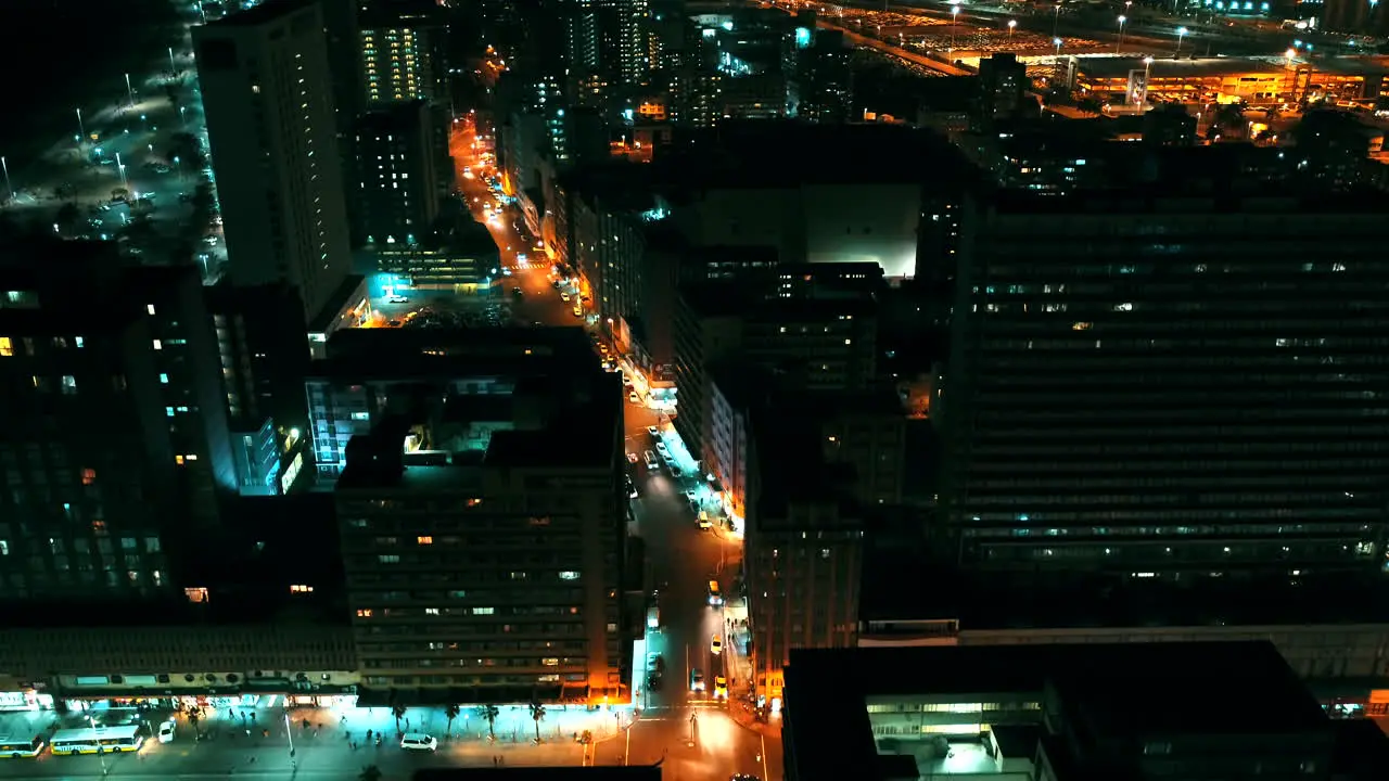 Aerial drone at night in Durban city centre