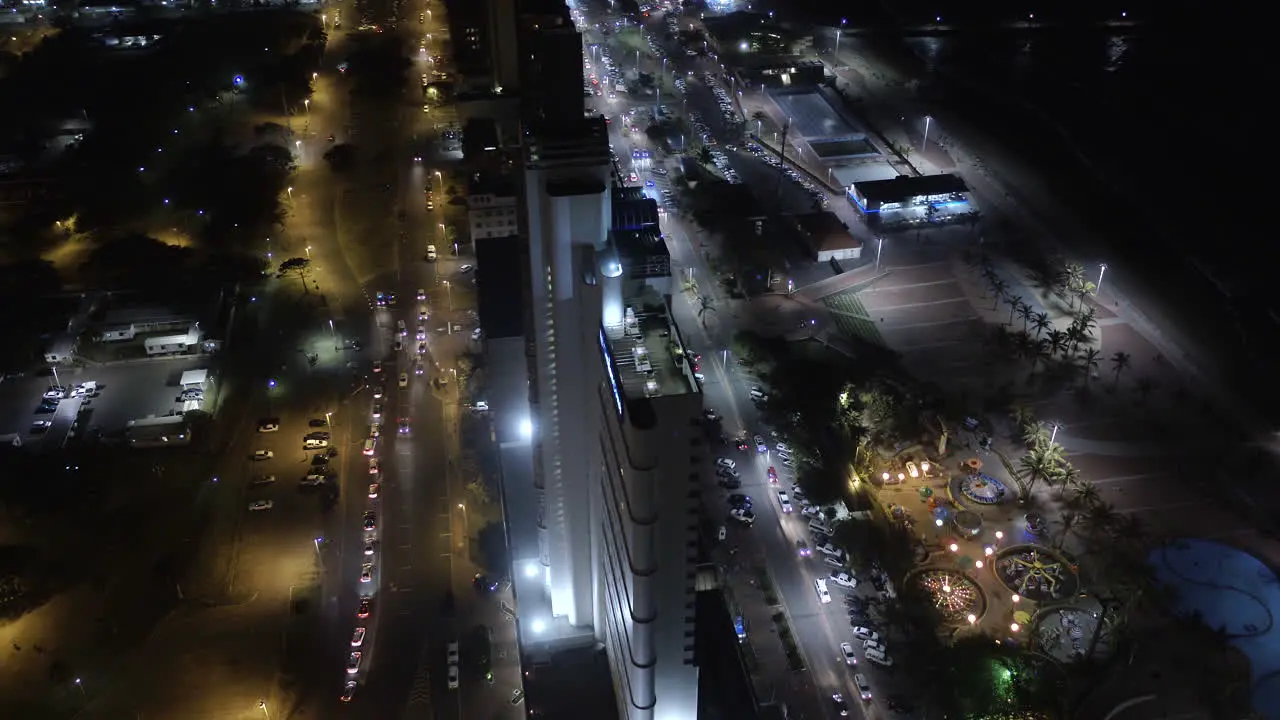 Aerial drone of the southern sun hotel on Durban beachfront at night