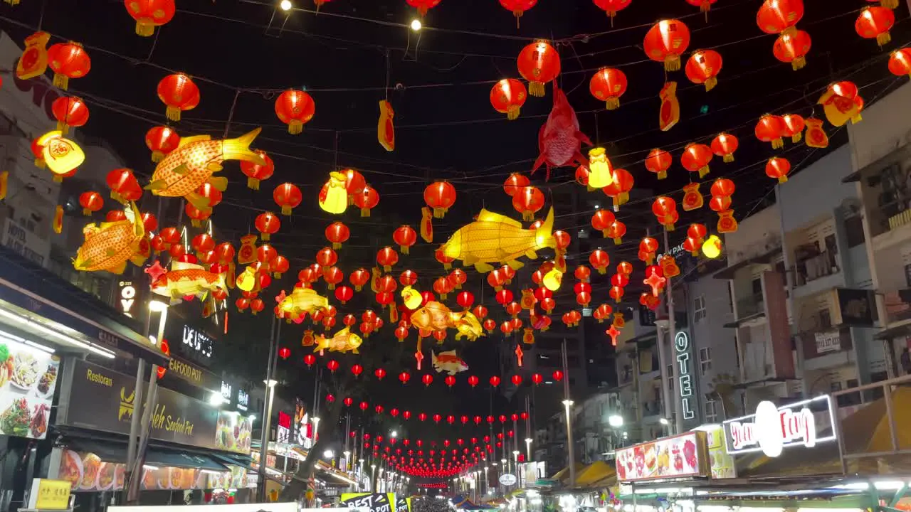 Beautiful Chinese Lanterns light up during the night in Jalan Alor a famous street food and night market in Kuala Lumpur Malaysia