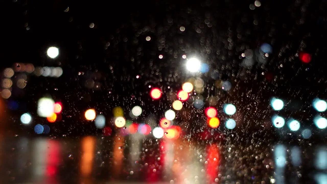 Out of focus footage of driving at a rainy night