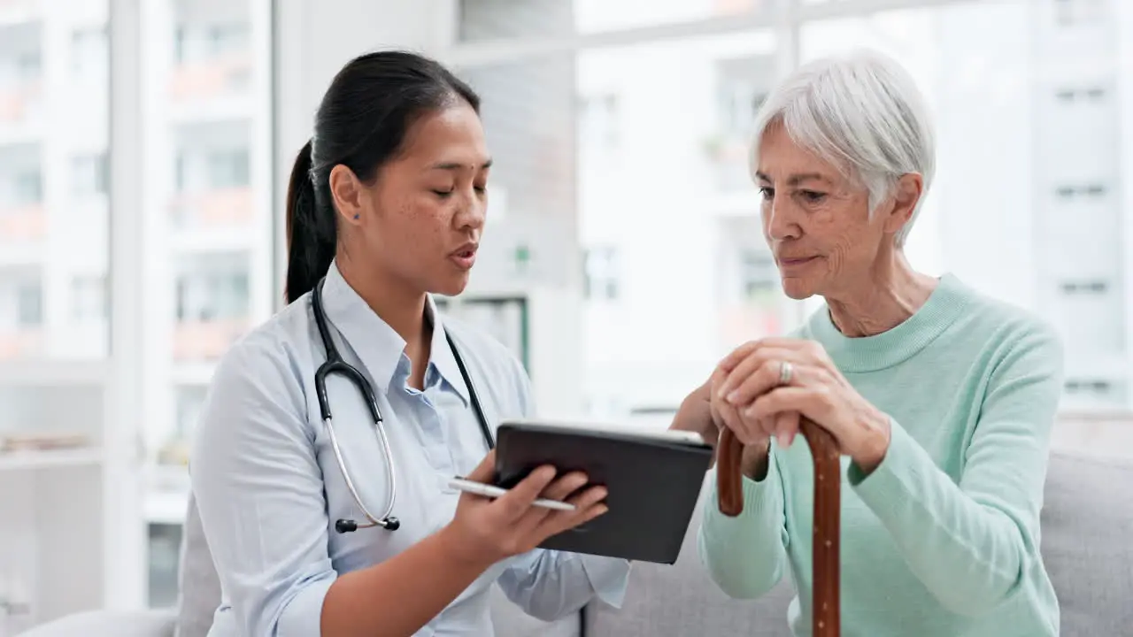 Talking old woman or doctor with tablet