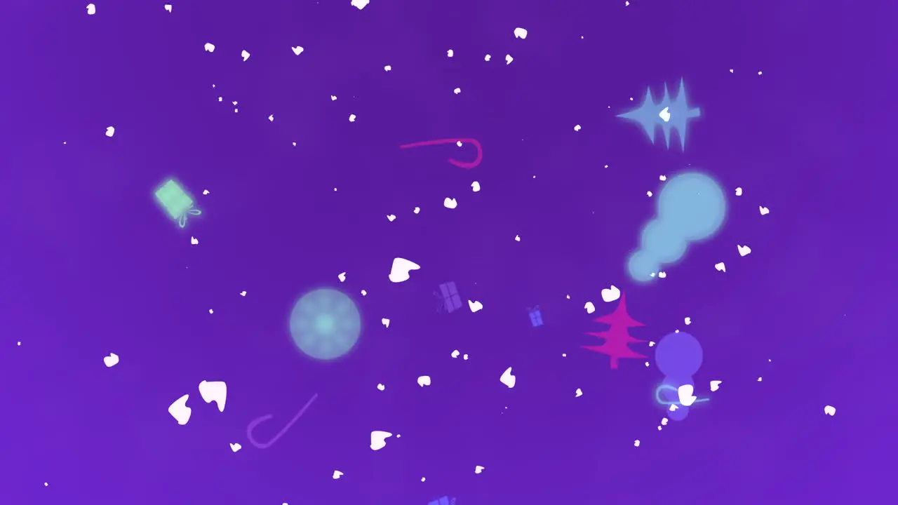 Fly white snowflakes and toys tree on shiny purple sky