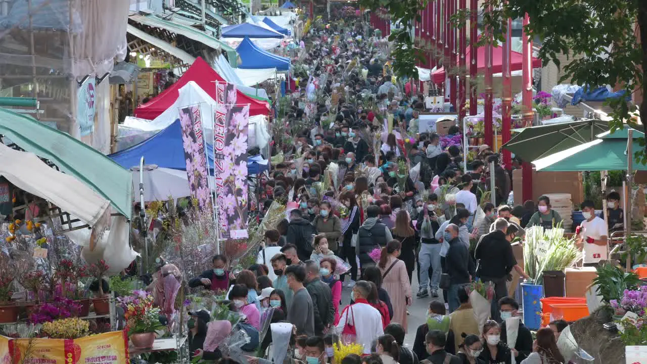 Hundreds of people buy typical Chinese New Year festive flowers at a crowded flower market ahead of the upcoming Lunar Chinese New Year in Hong Kong