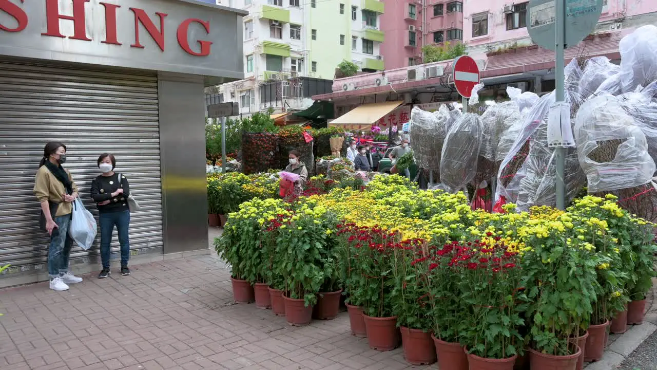 Pedestrians and shoppers walk past a street stall selling decorative flowers and plants in preparation for the upcoming Lunar Chinese New Year at a flower market in Hong Kong