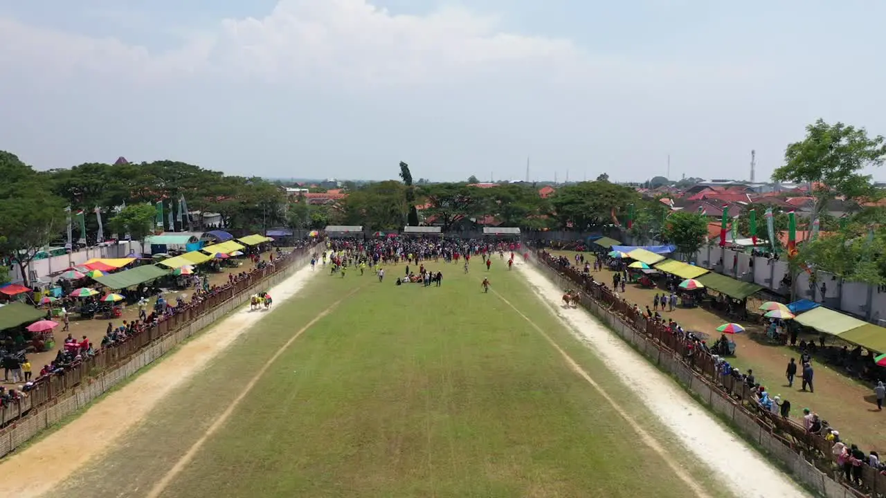 Beautiful drone shot for the Karapan Sapi final held annually on Madura Island at Pamekasan Stadium Madura Indonesia