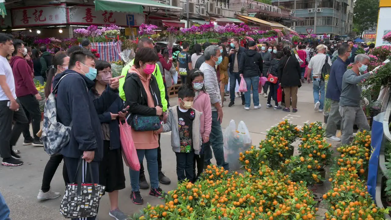 Customers buy typical decorative Chinese New Year flowers and kumquat trees also known as tangerine trees at a flower market street stall ahead of the Lunar Chinese New Year festivities