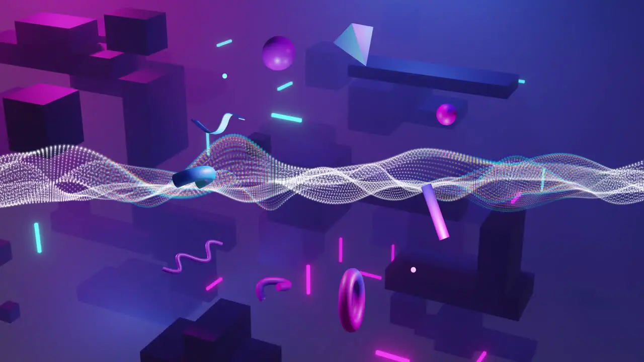 Animation of light trails and abstract shapes moving on purple background