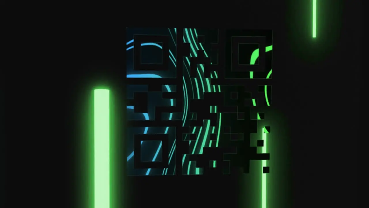 Digital animation of glowing green abstract shapes and lines against black background