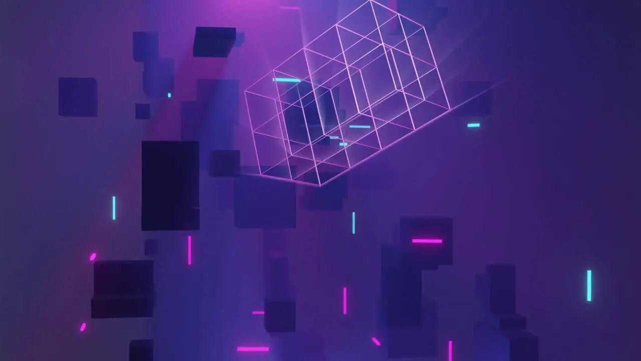 Animation of cubes light trails and abstract shapes moving on pink background