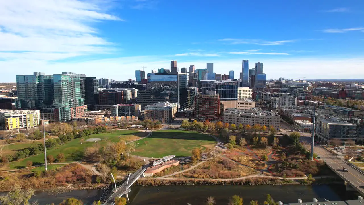 Drone aerial flying towards a park in Downtown Denver Colorado USA