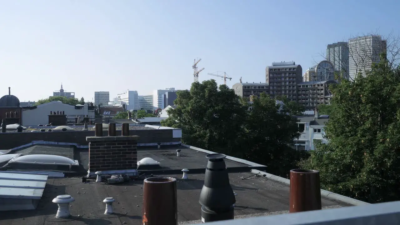 A slow motion clip of the city centre of Den Haag viewed from a rooftop