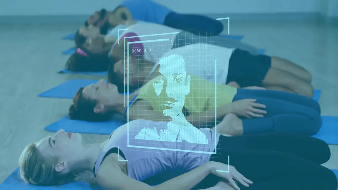 Animation of profile icons over group of diverse fit people performing stretching exercise at gym