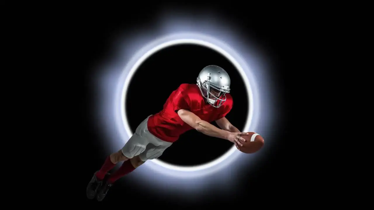 Animation of caucasian male rugby player catching a ball against glowing ring on black background