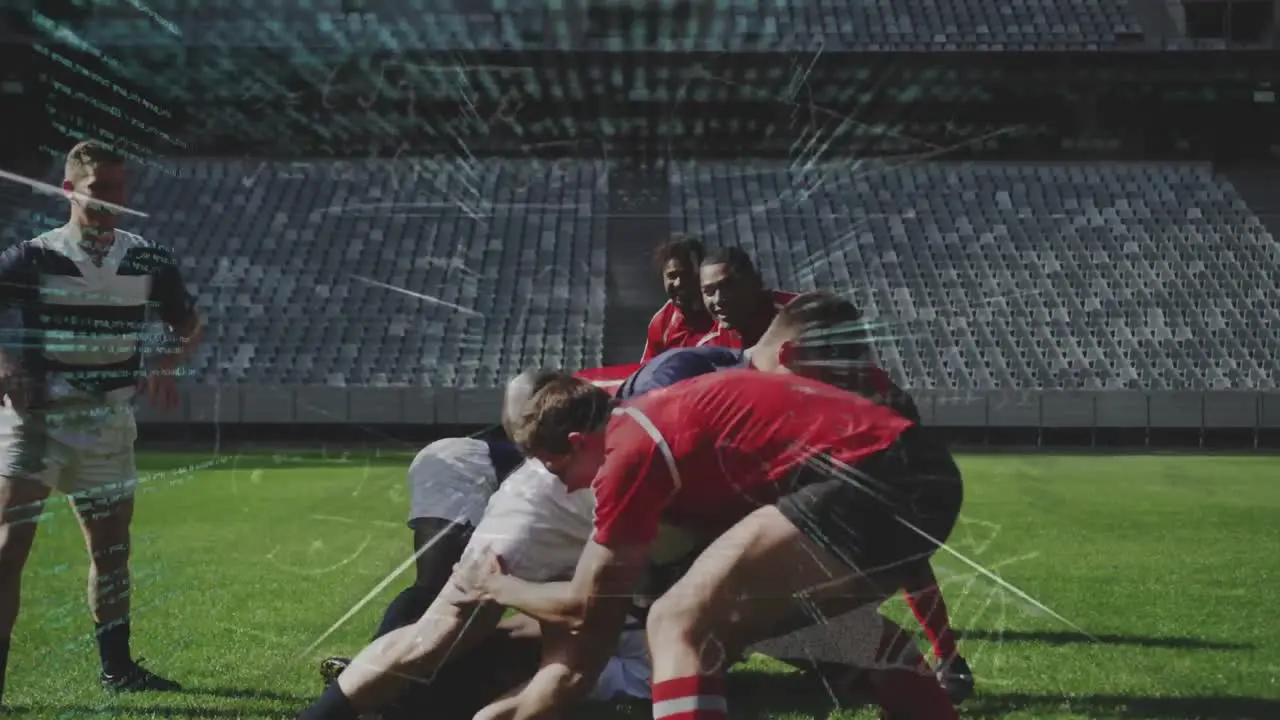 Animation of data processing over rugby players at stadium