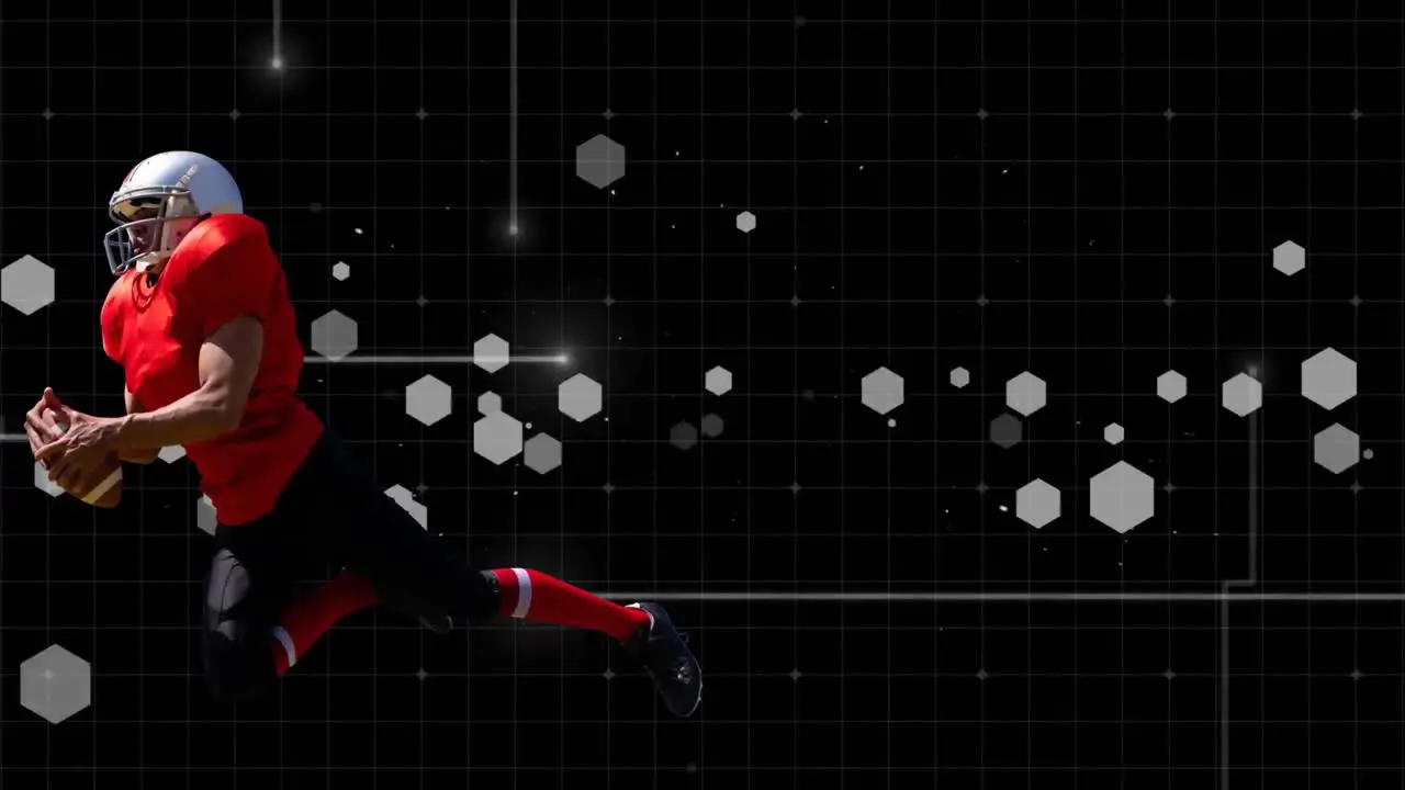 Animation of caucasian male rugby player catching a ball against hexagonal shapes and light trails