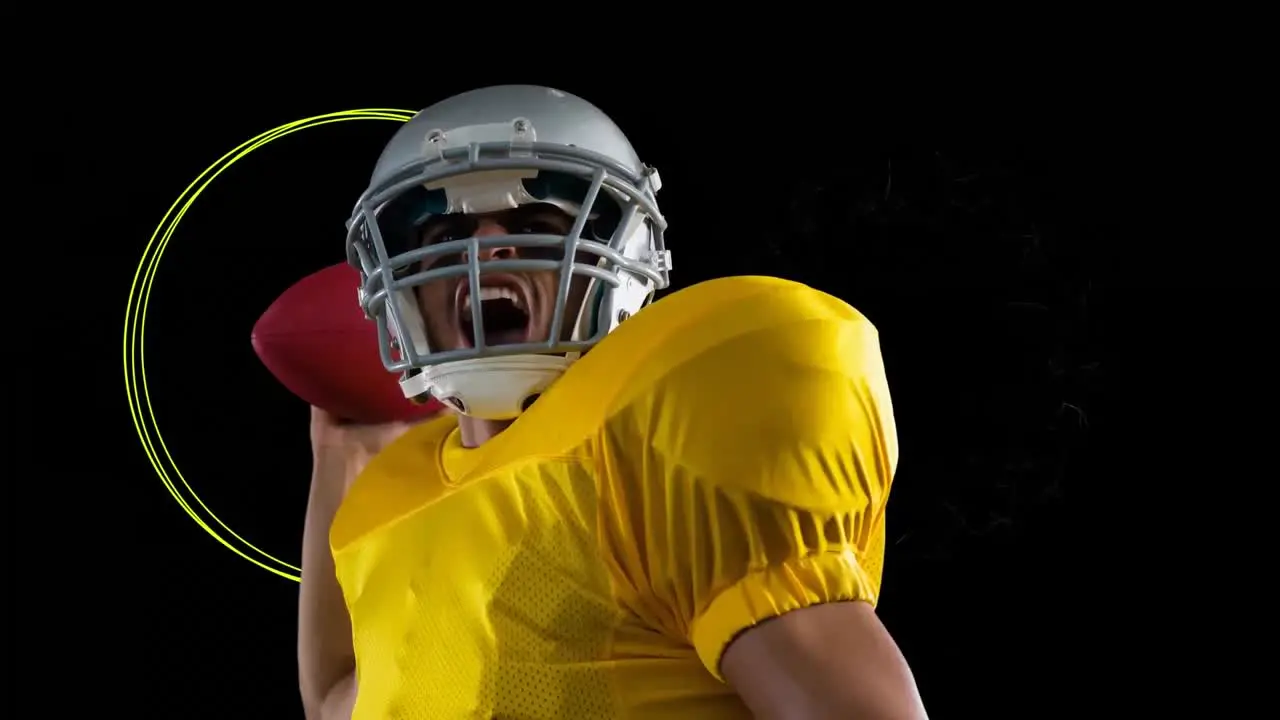 Animation of african american male rugby player throwing a ball against colorful abstract shapes