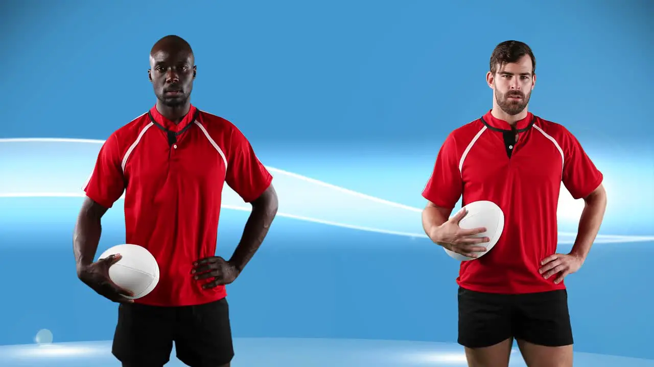 Animation of diverse rugby players over blue background