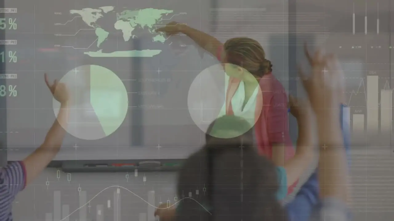 Animation of financial data processing over business people in office