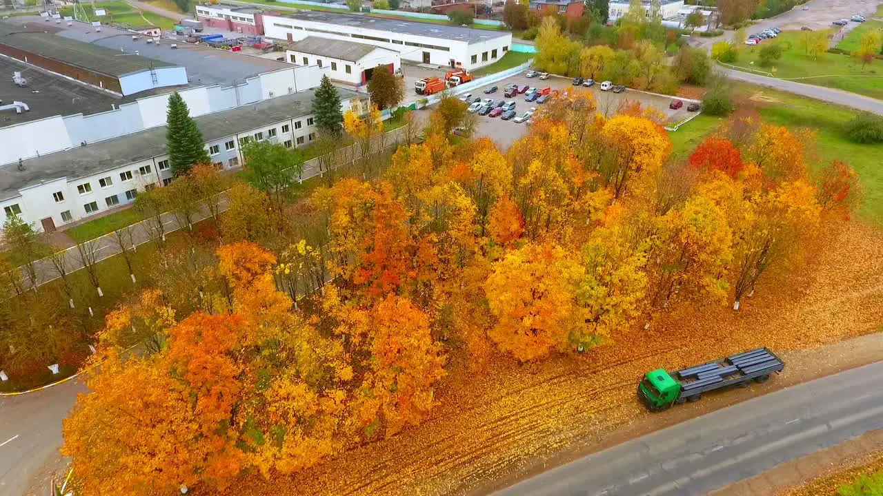 Autumn view of buildings road Autumn road near industry buildings