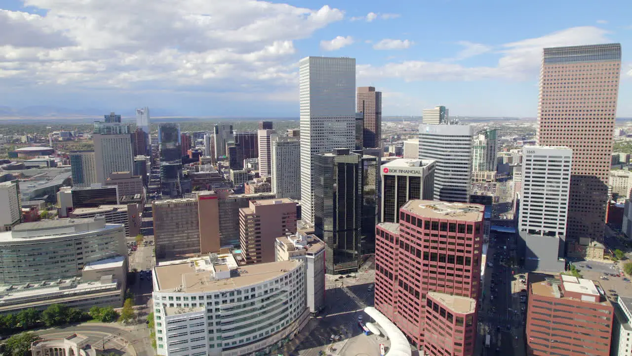 Drone view of Downtown Denver near civic center park and capitol hill during fall on sunny day Denver Colorado USA