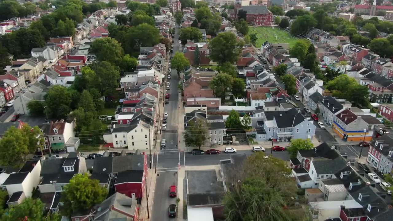 Aerial flyover reveals downtown city of Lancaster PA Pennsylvania