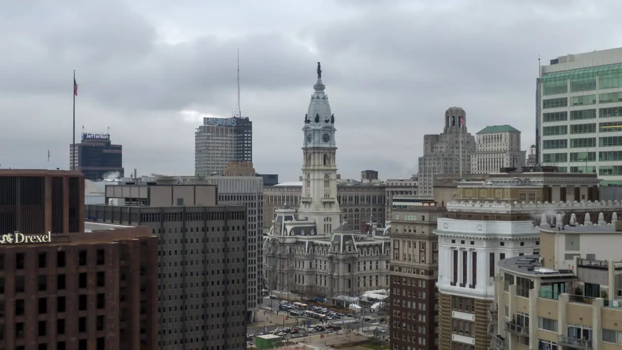 Downtown Philadelphia with City hall and governmental buildings revealing shot aerial hyper lapse